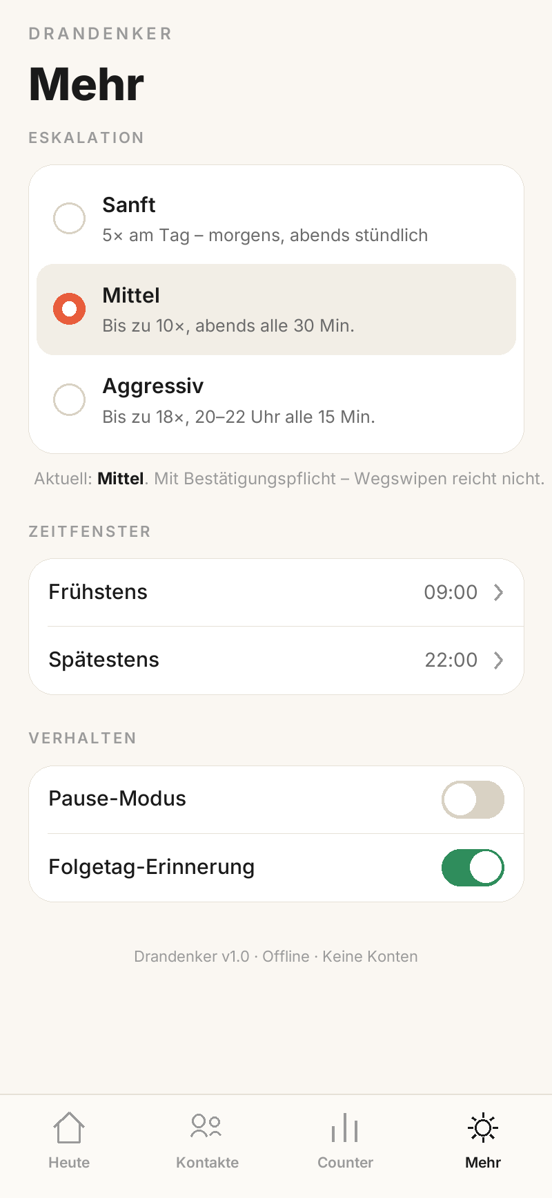 Einstellungen von Drandenker mit den Eskalationsprofilen, dem Zeitfenster und den Verhaltensoptionen