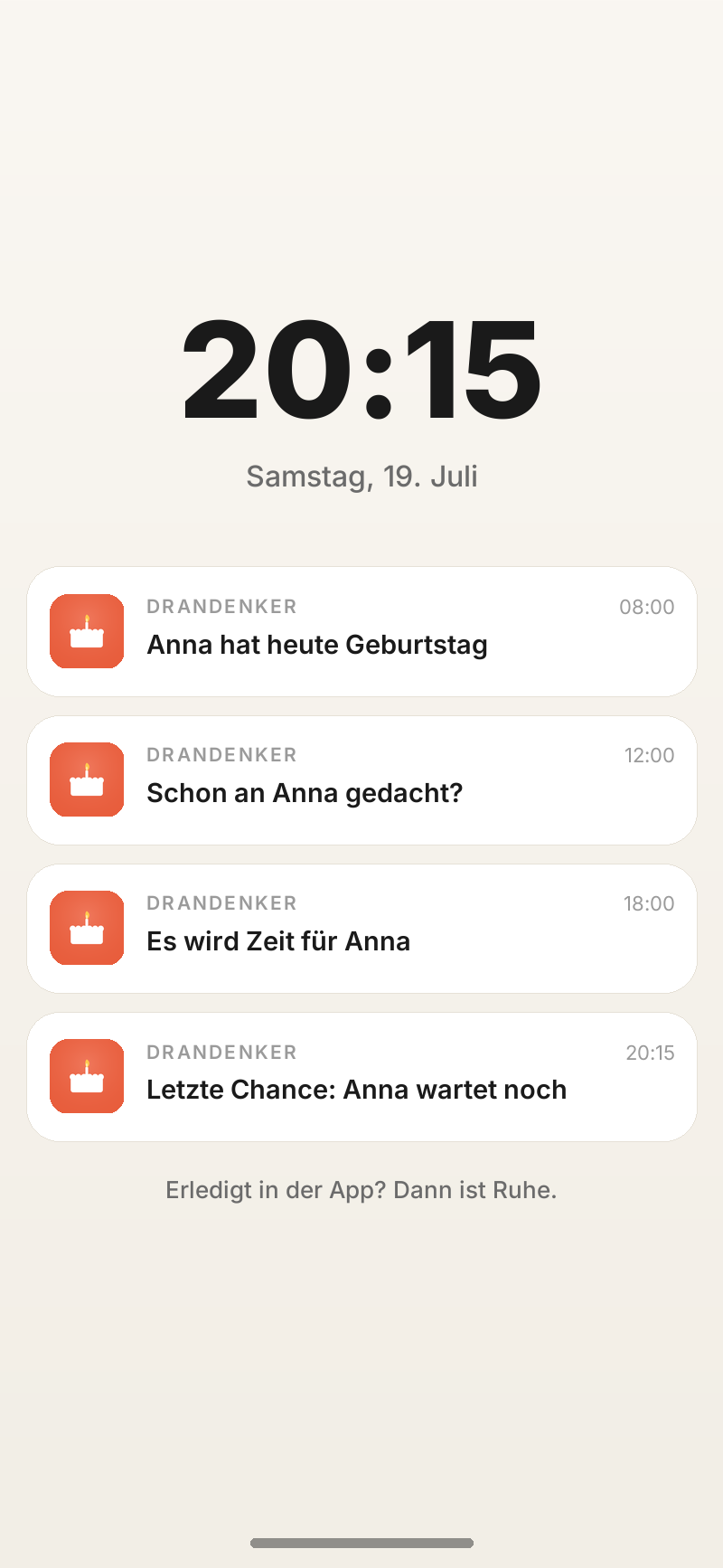 Sperrbildschirm mit vier Drandenker-Erinnerungen von 08:00 bis 20:15, zunehmend dringlicher formuliert