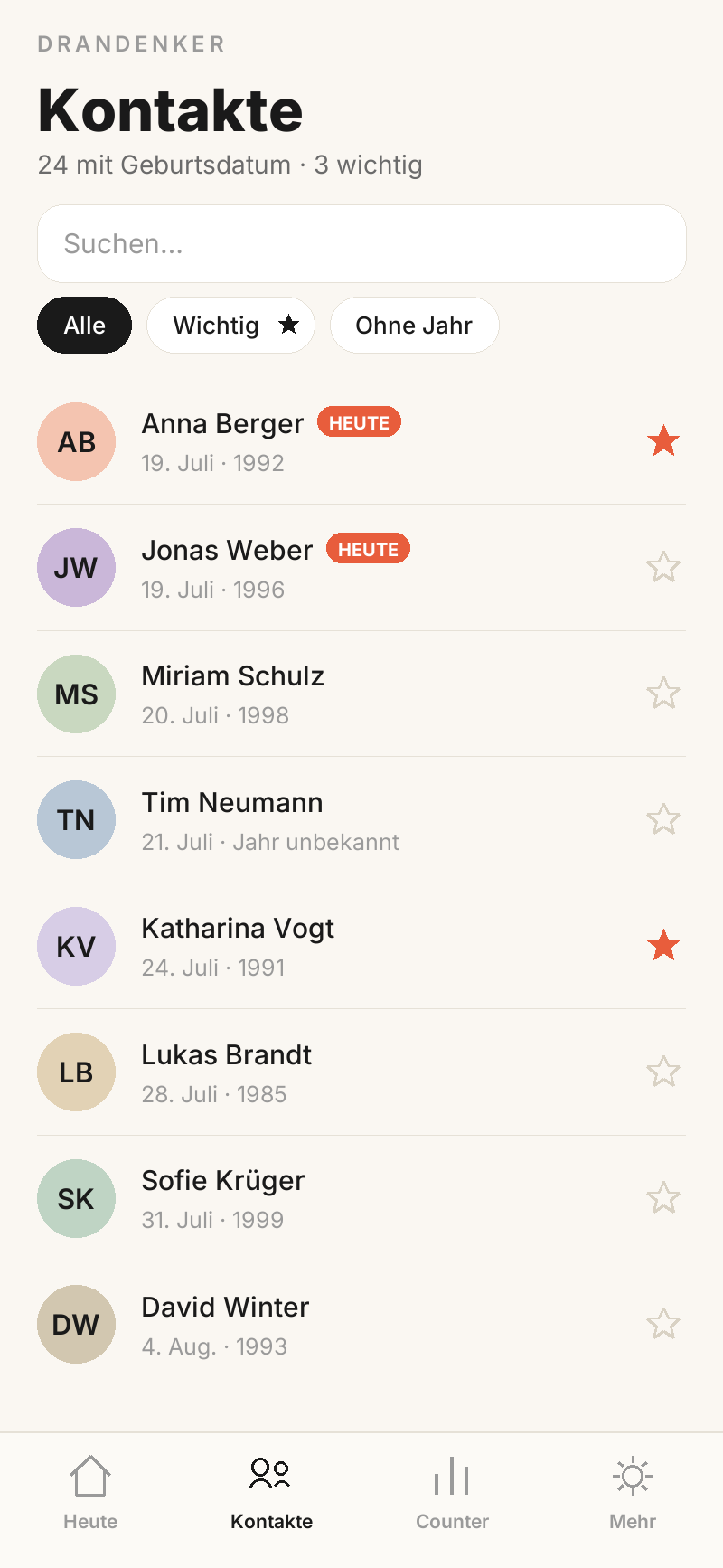 Kontaktliste in Drandenker mit Suchfeld, HEUTE-Badge und markierten wichtigen Kontakten